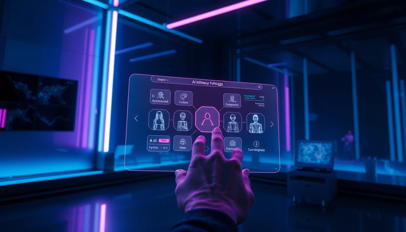 Futuristic digital interface with AI characters and vibrant neon lighting in a high-tech room