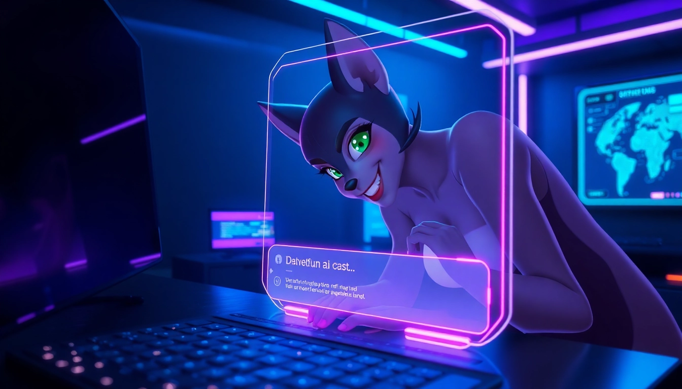 Futuristic AI chat interface with a seductive female character in a neon-lit digital setting.
