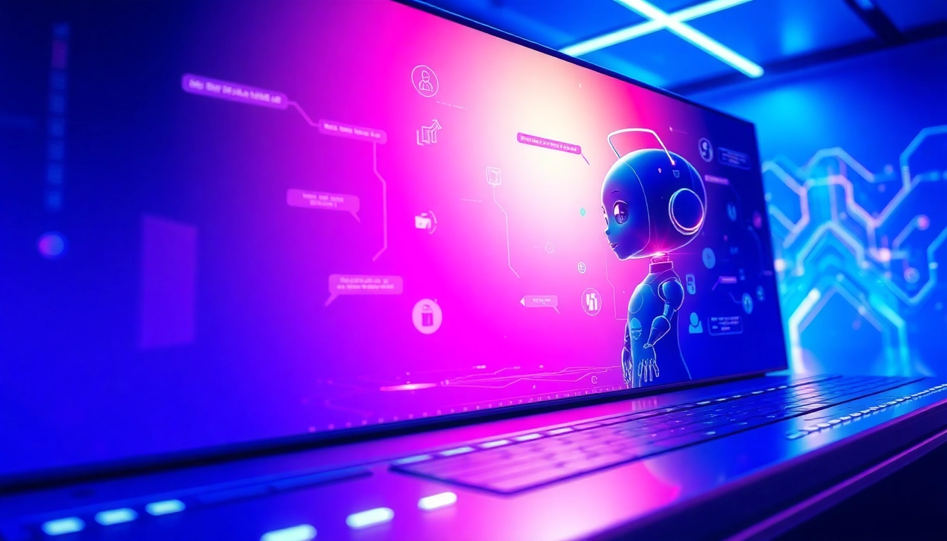 Futuristic digital scene with a holographic AI character in a vibrant, neon-lit environment.