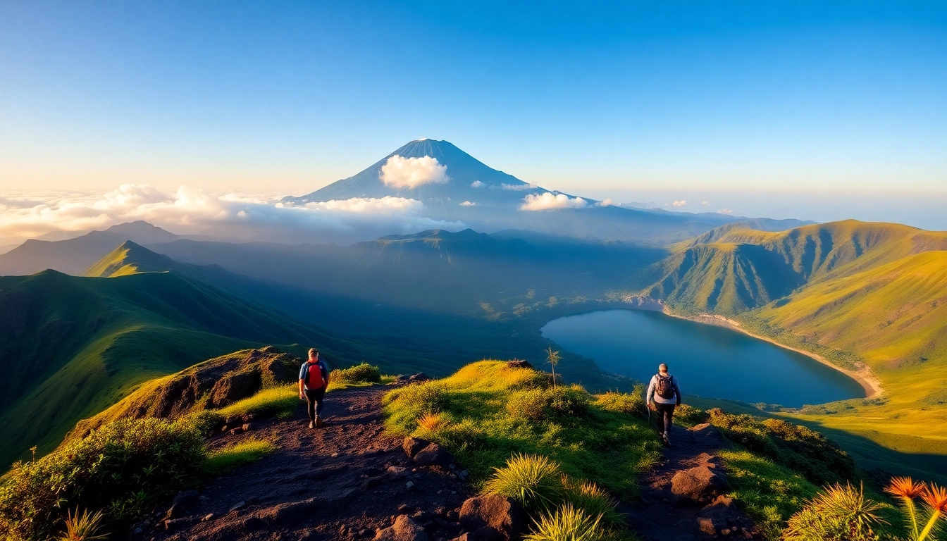 Hikers climbing Mount Rinjani at sunrise with lush green slopes and crater lake in the background.