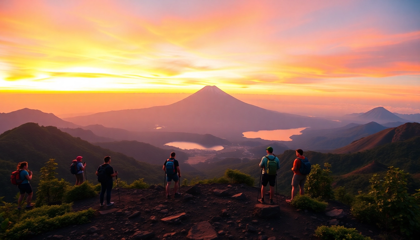 Hikers overlooking Mount Rinjani at sunrise with vibrant colors and lush scenery