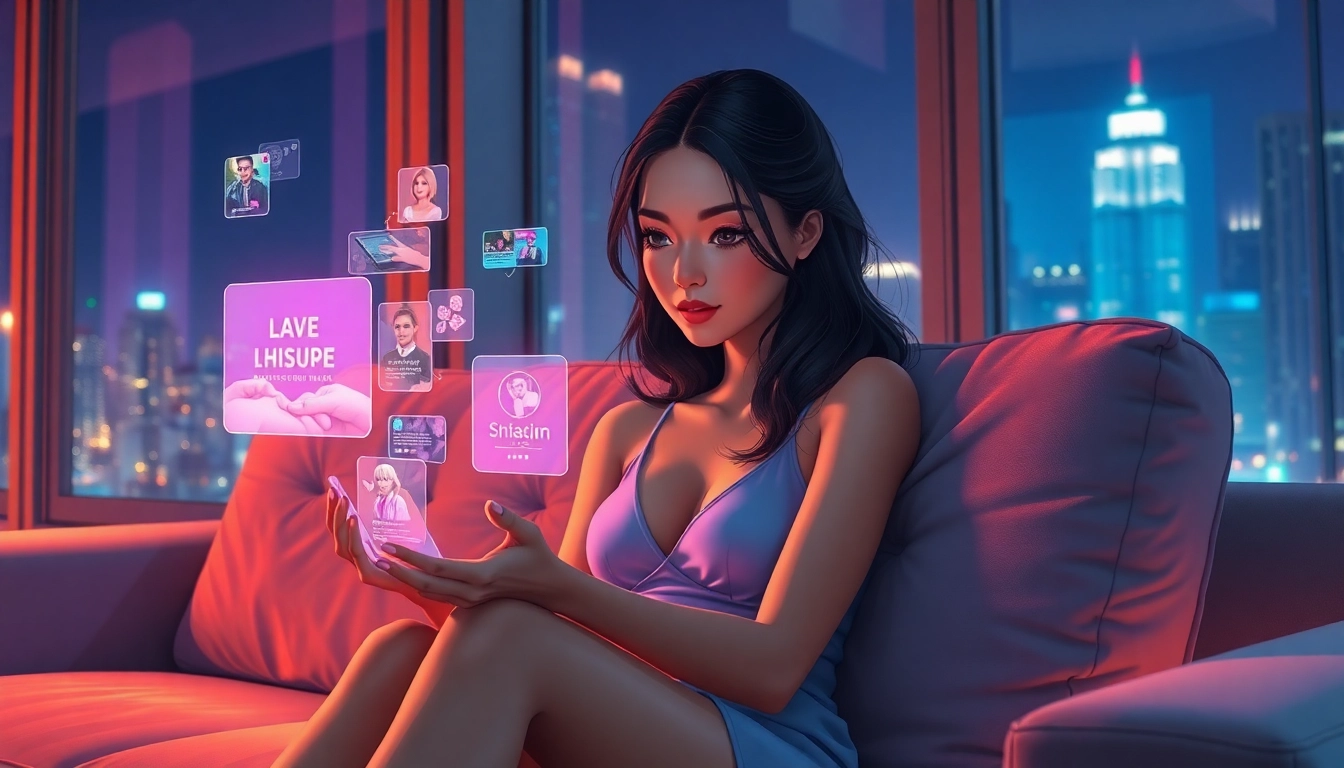 Digital artwork of a woman engaging with holographic visuals in a cozy, high-tech room at night.