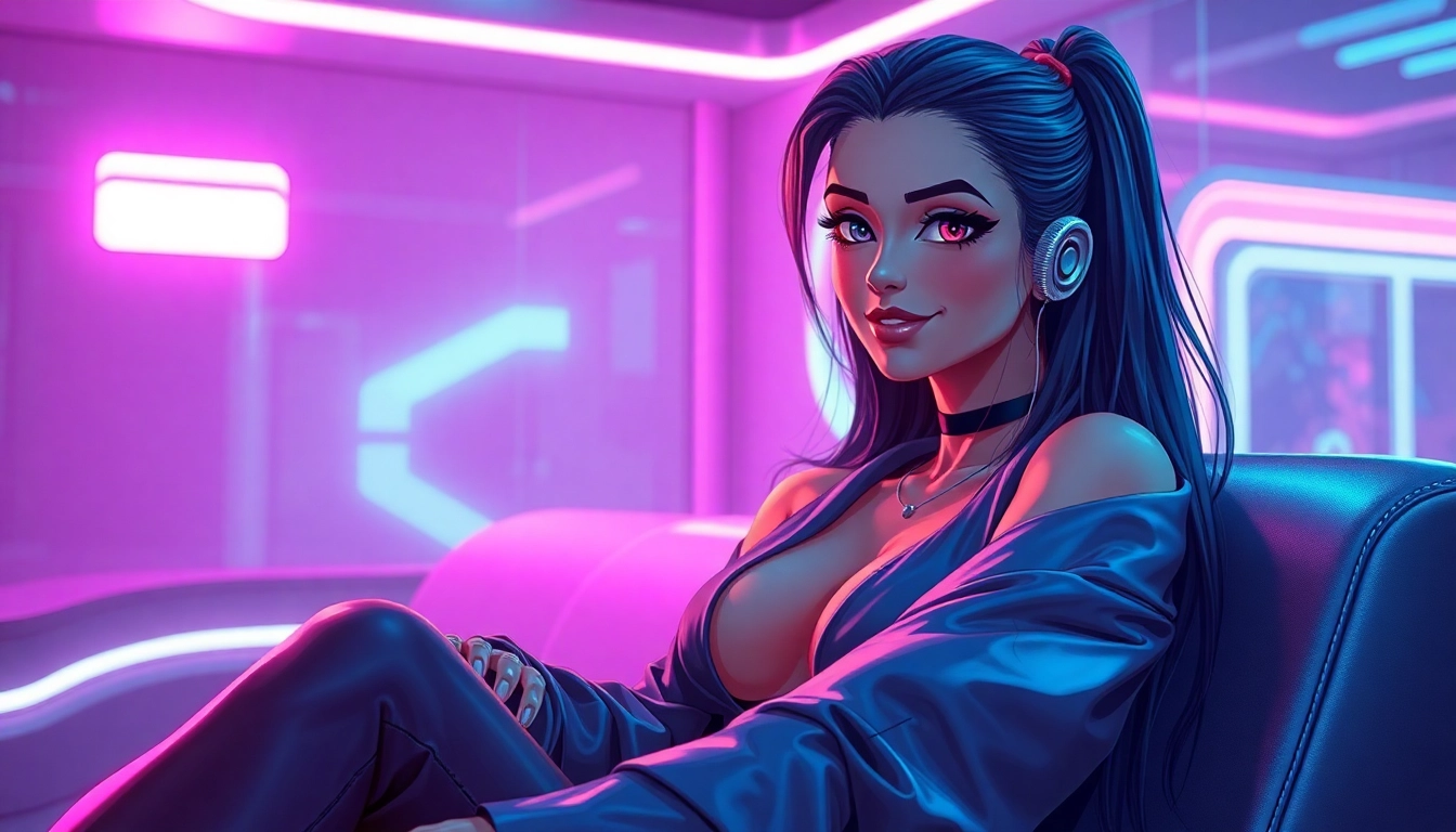 Futuristic AI character in a neon-lit cyberpunk environment, looking confident and playful.