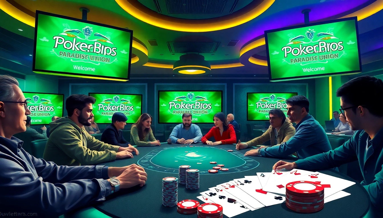 Pokerbros Paradise Union online poker club with lively players, branding, and digital gaming setup