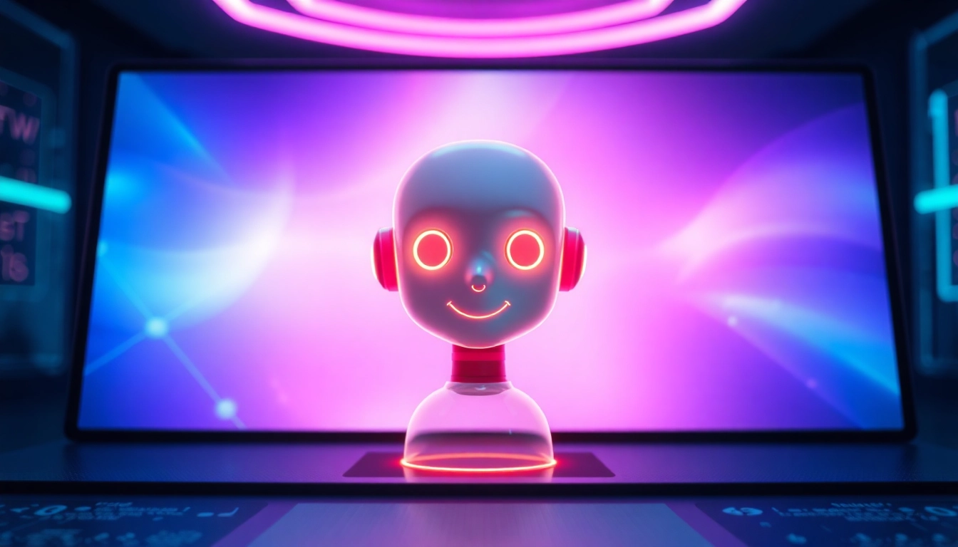 An illustration of a futuristic AI chatbot interface with a holographic AI character glowing softly against a neon-lit background.