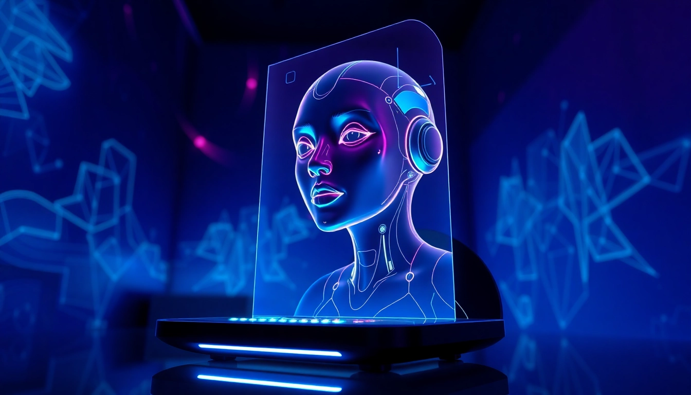 A futuristic holographic AI character projected from a device with neon lighting, creating an intimate and high-tech atmosphere.