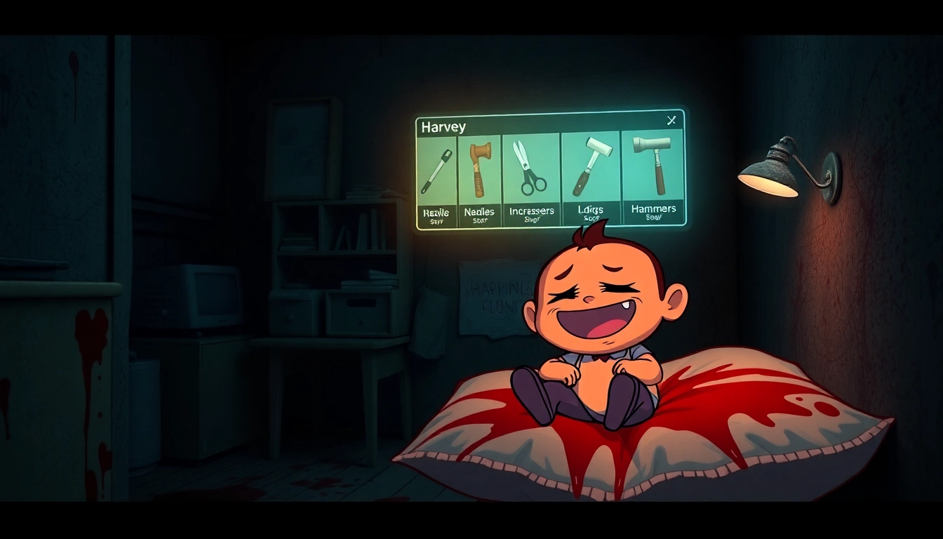 A cheerful cartoon character in distress, surrounded by a dark, unsettling environment with violent tools and a moral dilemma theme.