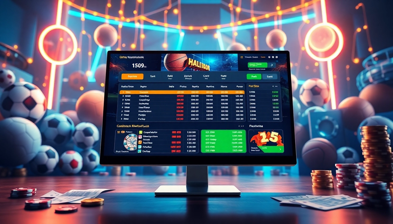 Digital sportsbook and casino platform with sports and betting elements in a vibrant, high-tech setting.
