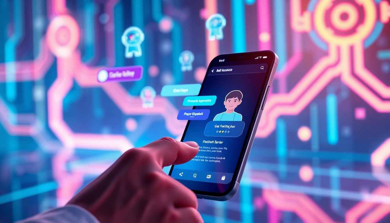 An illustration of a futuristic chatbot interface on a mobile device with neon lights and holographic AI characters in a cyber environment.