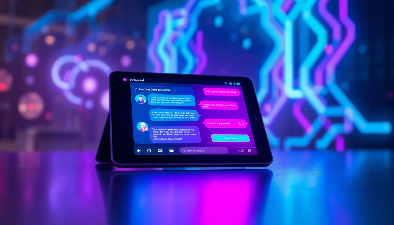 Digital chat interface on a tablet with neon colors and holographic background