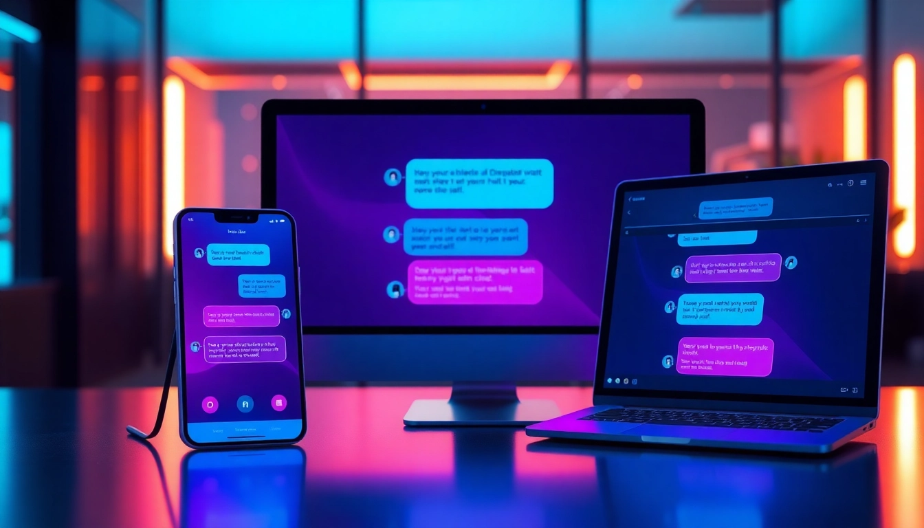 Futuristic multi-device chatbot interface with vibrant neon colors and sophisticated design.