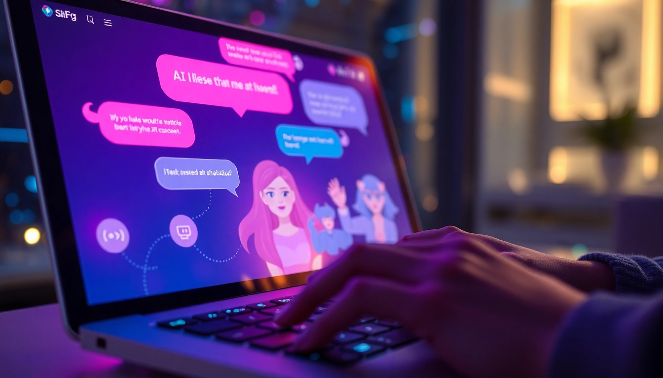 Futuristic chat interface with colorful AI characters and glowing holographic elements in a modern digital setting.