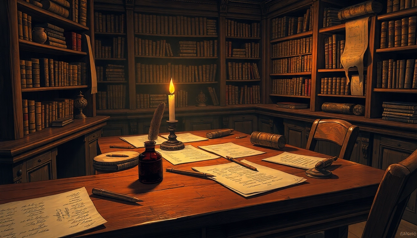 Vintage 17th-century study with old books and writing tools, illuminated by candlelight, evoking historical secrecy and intellectual exploration.