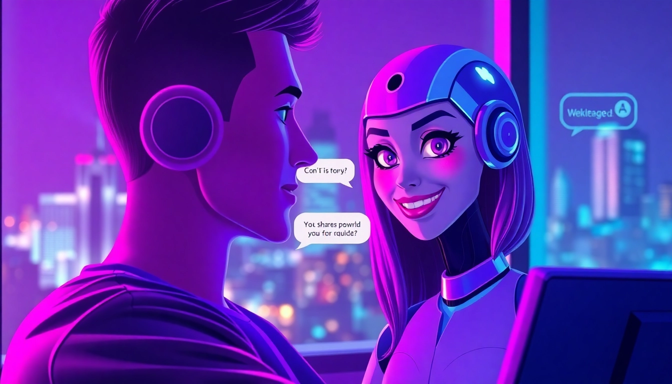 A digital illustration of a flirtatious AI chat interface with a futuristic city background, neon colors, and a seductive atmosphere.