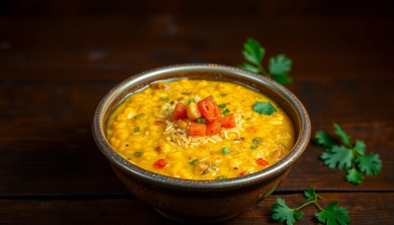 Freshly prepared ready to eat dal khichdi in a bowl with garnishes, appealing and tasty, ideal